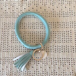 Soft Aqua Leather Tassel Keychain Bracelet Gold Trim